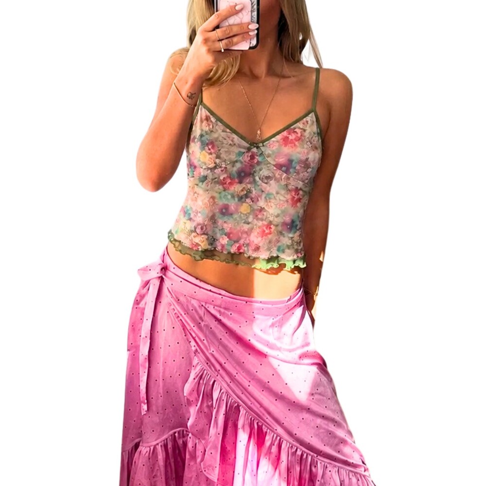 Y2K Babydoll Floral Mesh Cami Top Large Coquette Fairy Indie Ethereal